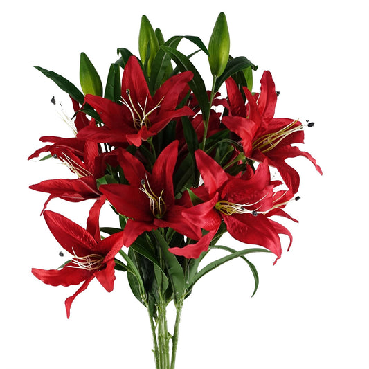 6 x 100cm Large Red Artificial Lily Stems – Long Stem Faux Lily Flowers