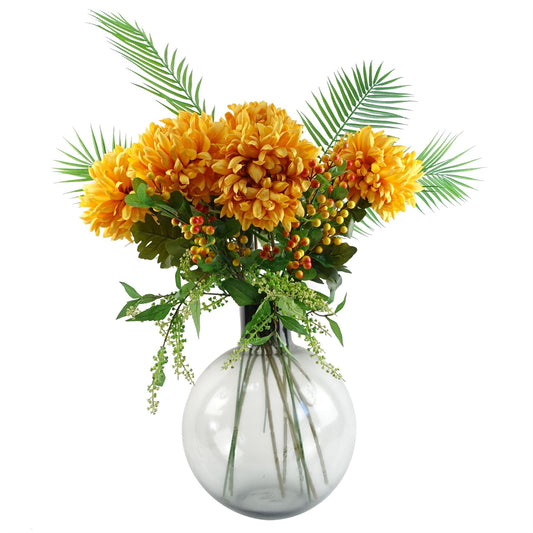 100cm Large Artificial Gold Chrysanthemum Arrangement in Grey Smoke Round Glass Vase