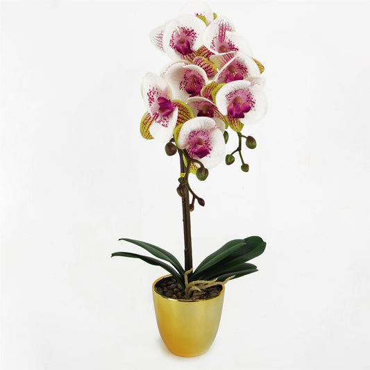 48cm Small Harlequin Pink Artificial Orchid in Gold Pot – Faux Orchid Plant