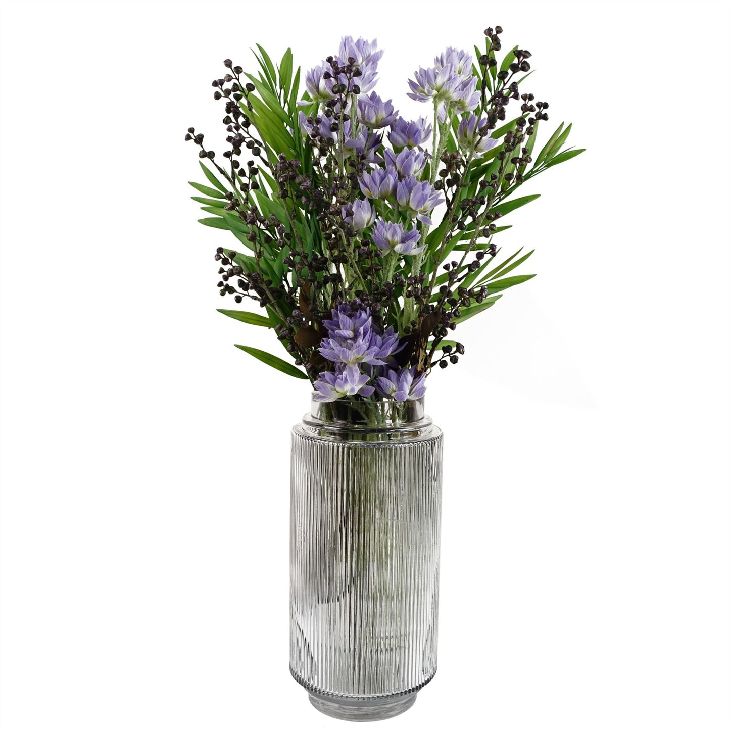 60cm Medium Artificial Purple Starflower Flower Arrangement in Clear Ridged Glass Vase