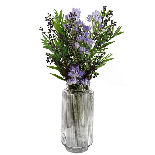 60cm Medium Artificial Purple Starflower Flower Arrangement in Clear Ridged Glass Vase