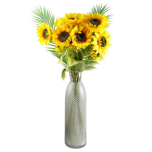 100cm Large Artificial Yellow Sunflower Flower Arrangement in Smoke Grey Tall Glass Vase