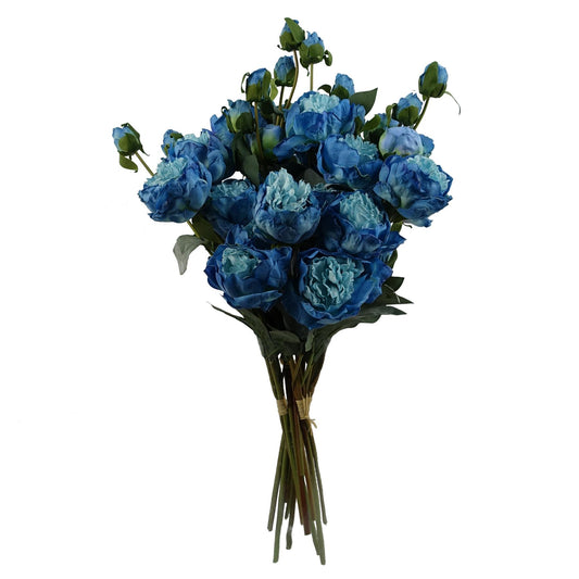 6 x 55cm Small Premium Artificial Blue Peony Flower Stems – Realistic Faux Peony Set with 24 Flowers & 18 Buds