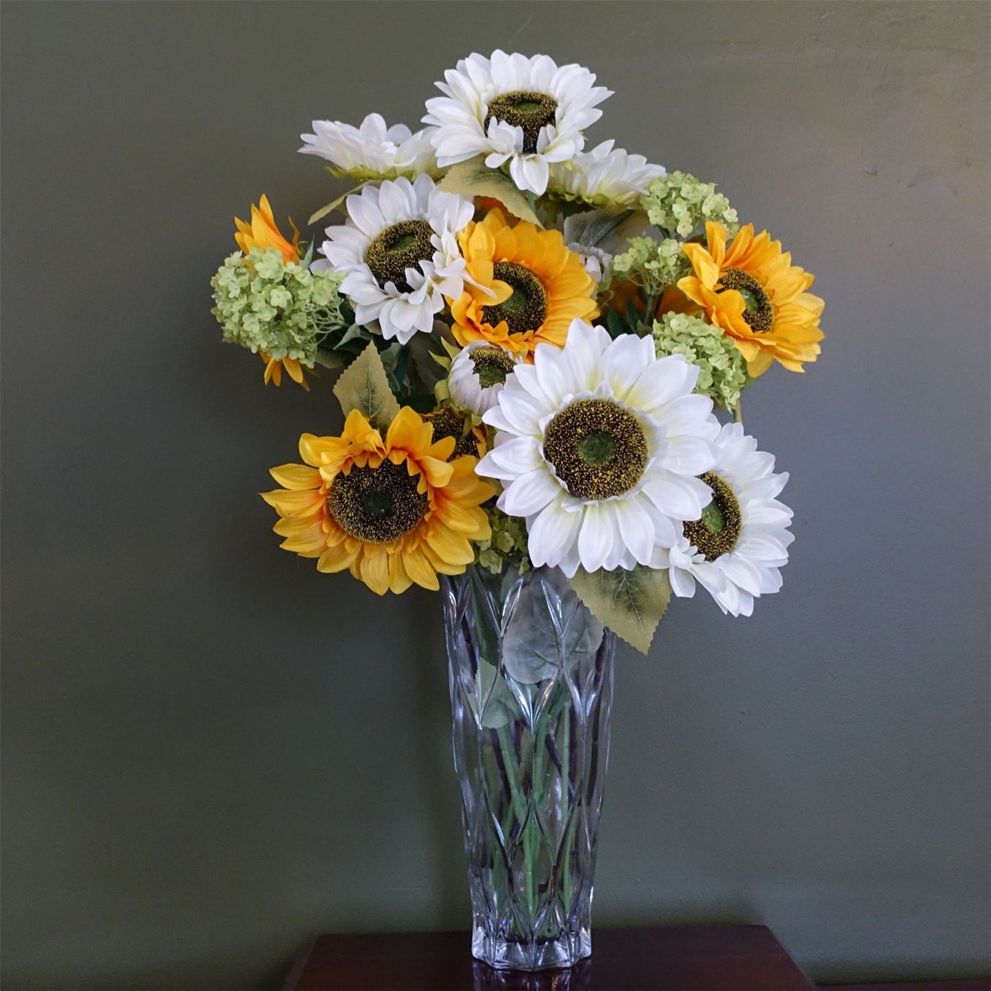 80cm Medium Artificial White and Yellow Sunflower Flower Arrangement in Ridged Glass Vase