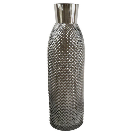 50cm Extra Large Smoke Grey Diamond Glass Round Vase – Textured Bud Vase for Real or Artificial Flowers