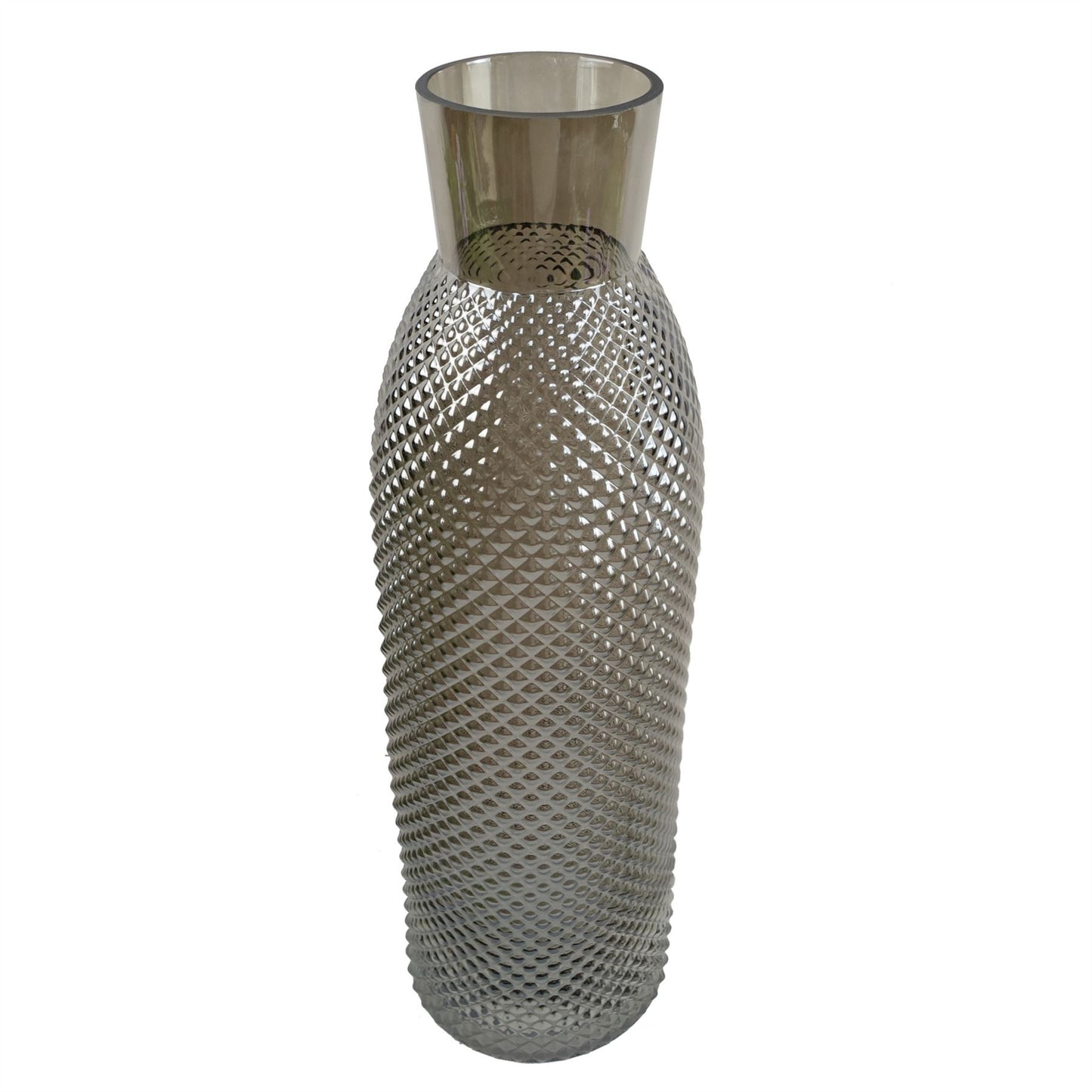 50cm Extra Large Smoke Grey Diamond Glass Round Vase – Textured Bud Vase for Real or Artificial Flowers