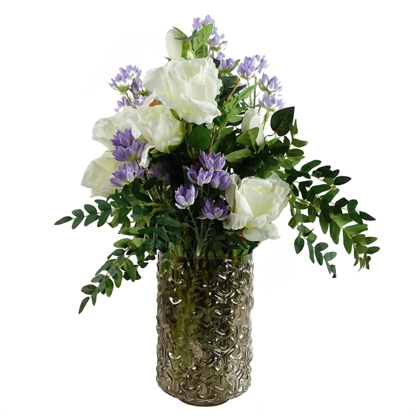 60cm Medium Artificial White Rose & Purple Starflower Flower Arrangement in Chestnut Glass Vase