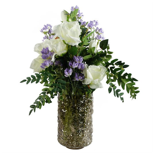 60cm Medium Artificial White Rose & Purple Starflower Flower Arrangement in Chestnut Glass Vase