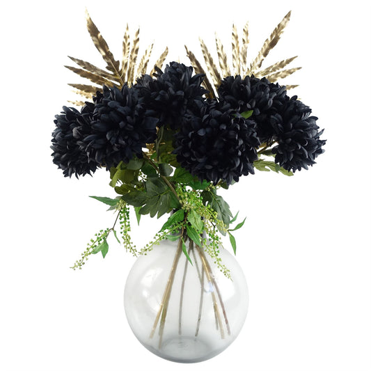 95cm Large Artificial Black Chrysanthemum Arrangement in Grey Smoke Round Glass Vase