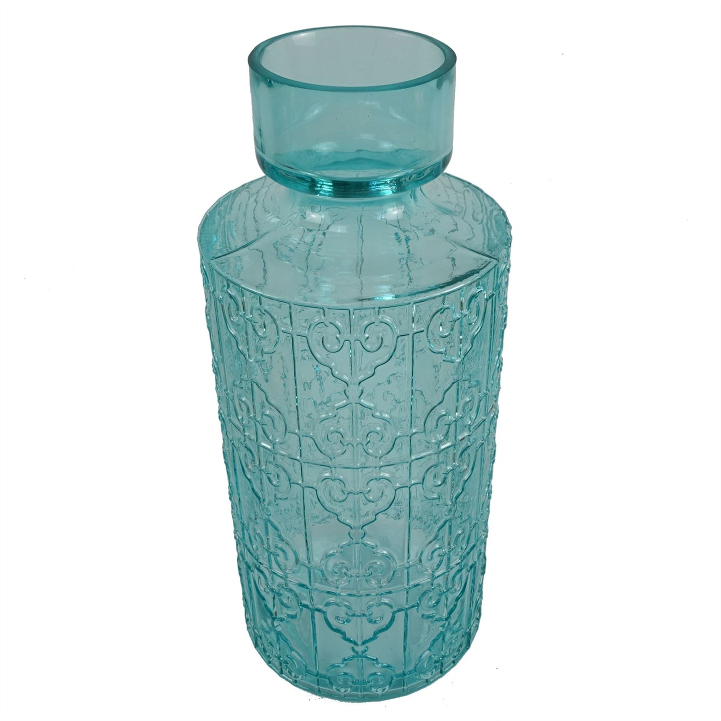 40cm Large Turquoise Glass Vase – Embossed Glass Vase for Flowers & Home Décor