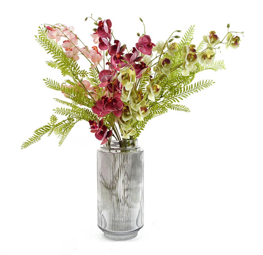 65cm Medium Artificial Wild Orchid & Fern Flower Arrangement in Clear Ridged Glass Vase