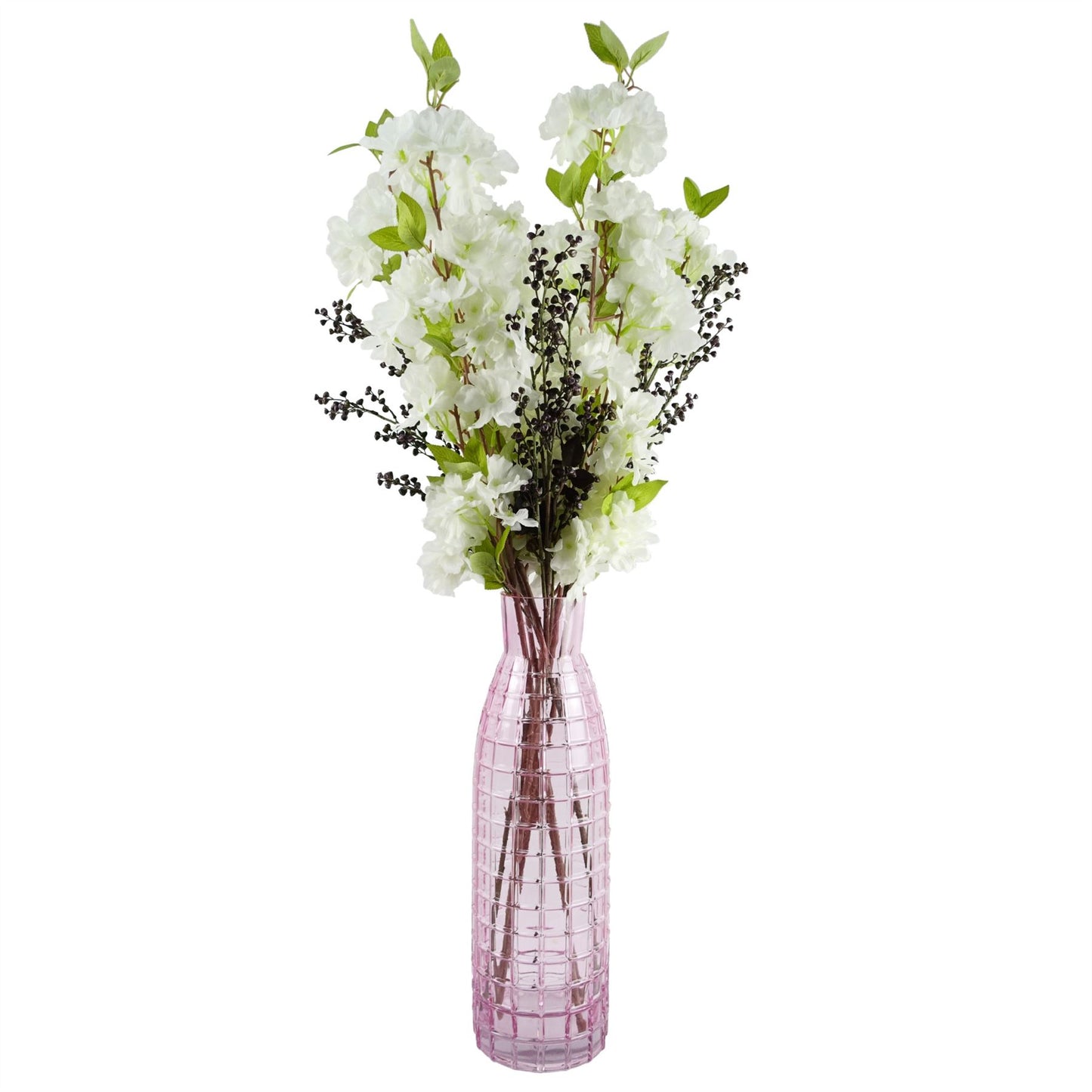 100cm Large Artificial White Blossom & Berry Flower Arrangement in Pink Square Glass Vase