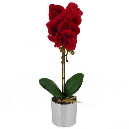 46cm Small Red Artificial Orchid in Silver Pot – Faux Orchid Plant