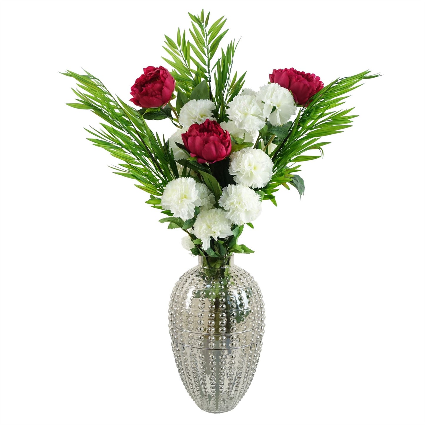 85cm Medium Artificial White Carnation & Pink Peony Flower Arrangement in Smoke Grey Glass Vase