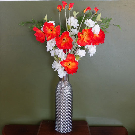 100cm Large Artificial Poppy & White Blossom Flower Arrangement in Smoke Grey Tall Glass Vase