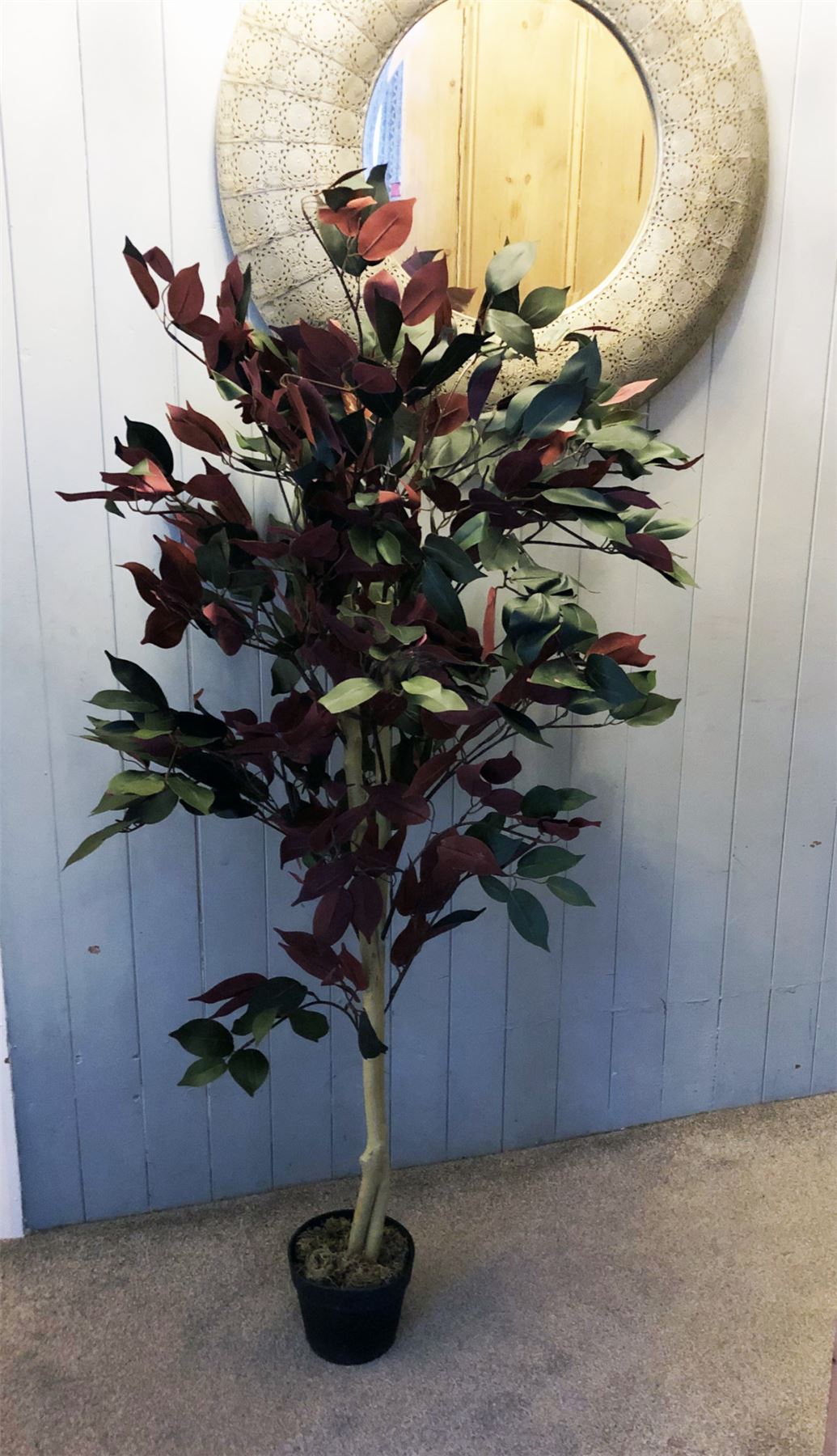 120cm Medium Artificial Dark Red & Green Ficus Tree with Gold Planter – Realistic Capensia Style