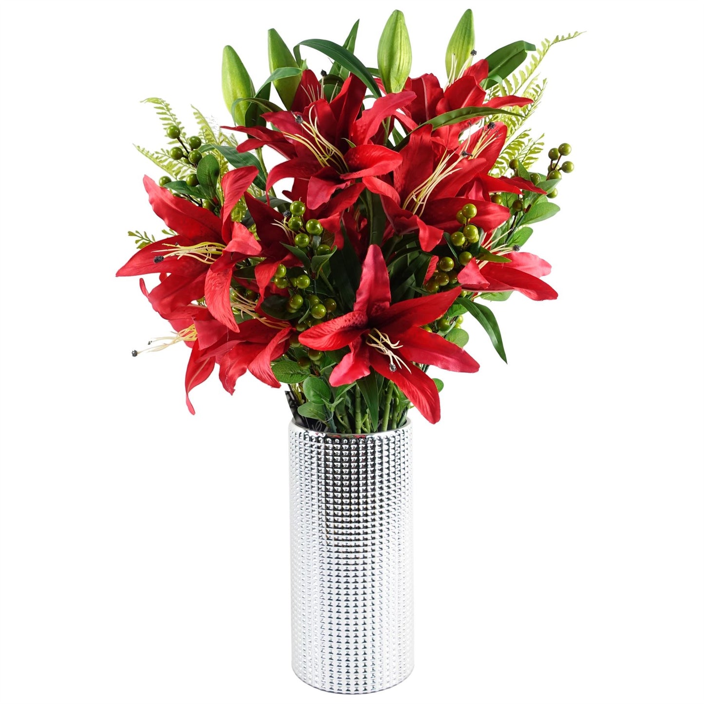 70cm Medium Artificial Red Lily Flower Arrangement in Silver Dot Glass Vase