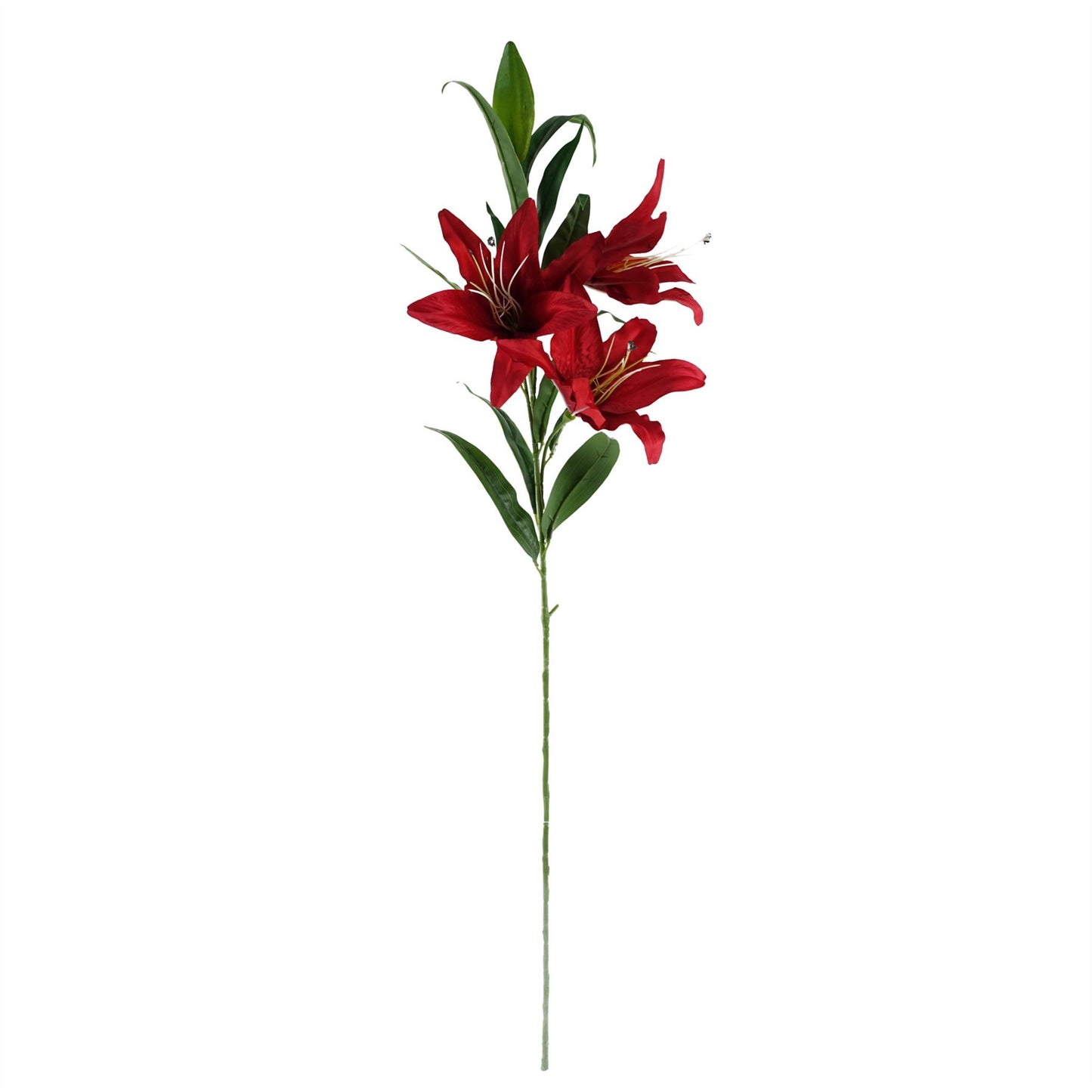 70cm Medium Artificial Red Lily Flower Arrangement in Silver Dot Glass Vase