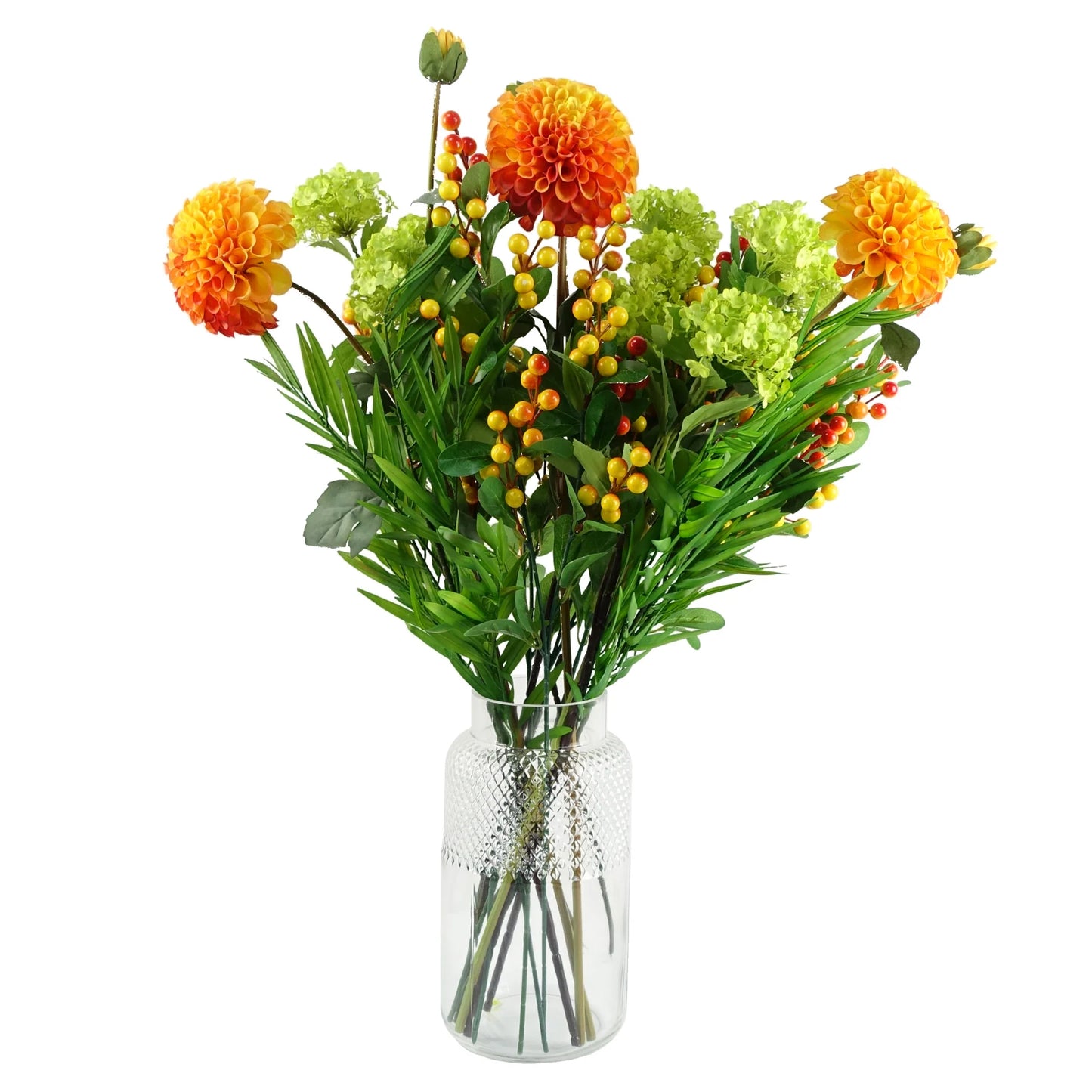 75cm Medium Artificial Orange Dahlia and Fern Arrangement with Clear Glass Round Vase – Faux Floral Display
