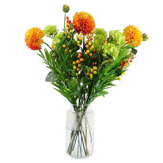 75cm Medium Artificial Orange Dahlia and Fern Arrangement with Clear Glass Round Vase – Faux Floral Display