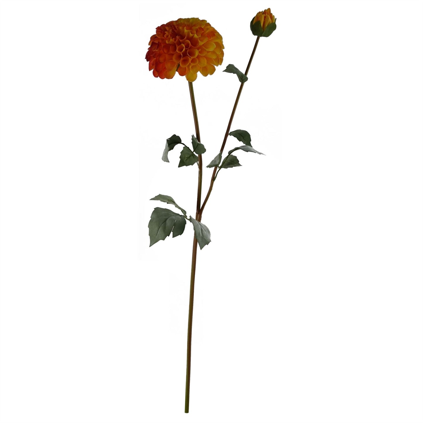 75cm Medium Artificial Orange Dahlia and Fern Arrangement with Clear Glass Round Vase – Faux Floral Display