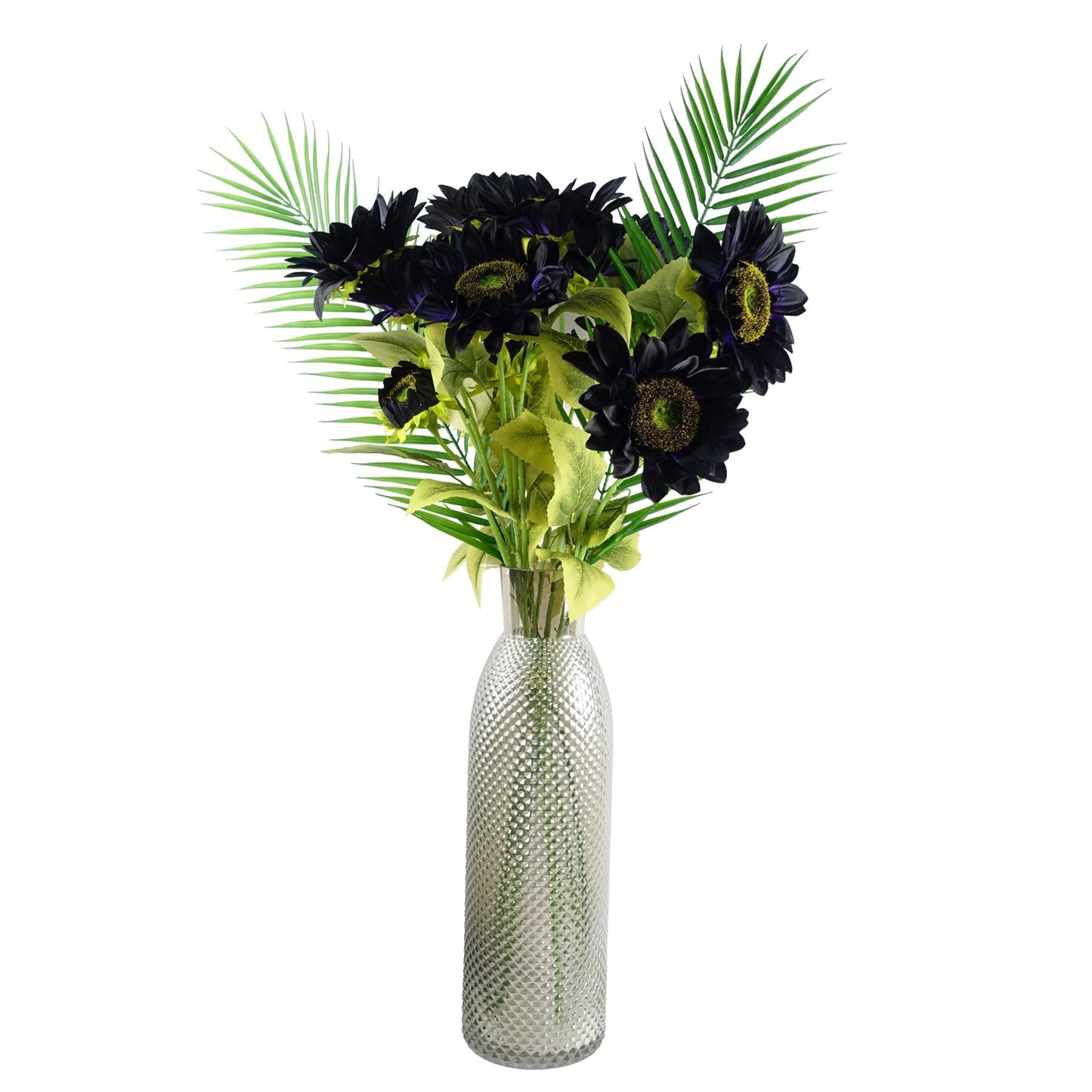 100cm Large Artificial Purple Sunflower Flower Arrangement in Smoke Grey Tall Glass Vase