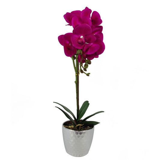 50cm Small Dark Pink Artificial Orchid in Silver Pot - Faux Phalaenopsis Orchid Plant
