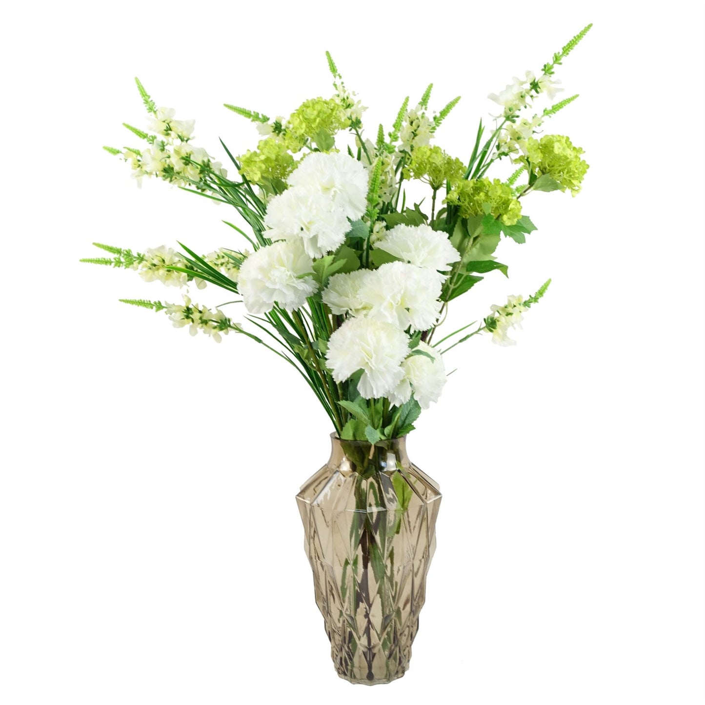 80cm Medium Artificial White Carnation & Larkspur Flower Arrangement in Brown Glass Vase
