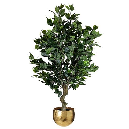110cm Medium Artificial Evergreen Ficus Tree with Curved Gold Planter – Realistic Faux Indoor Tree