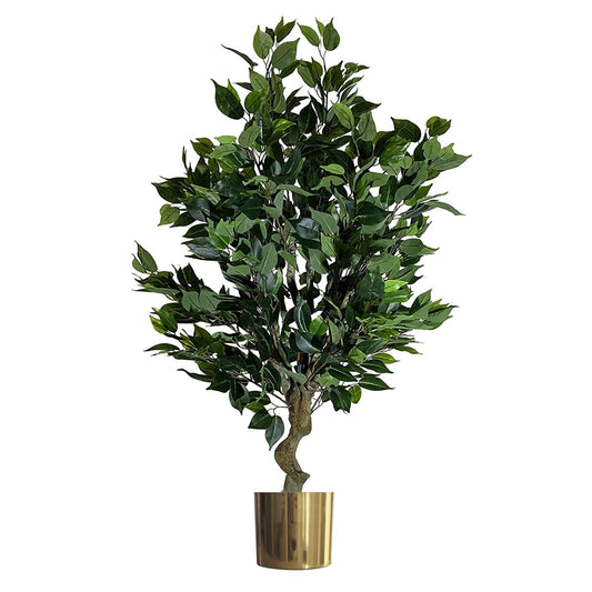 110cm Medium Artificial Evergreen Ficus Tree with Straight Gold Planter – Realistic Faux Indoor Tree