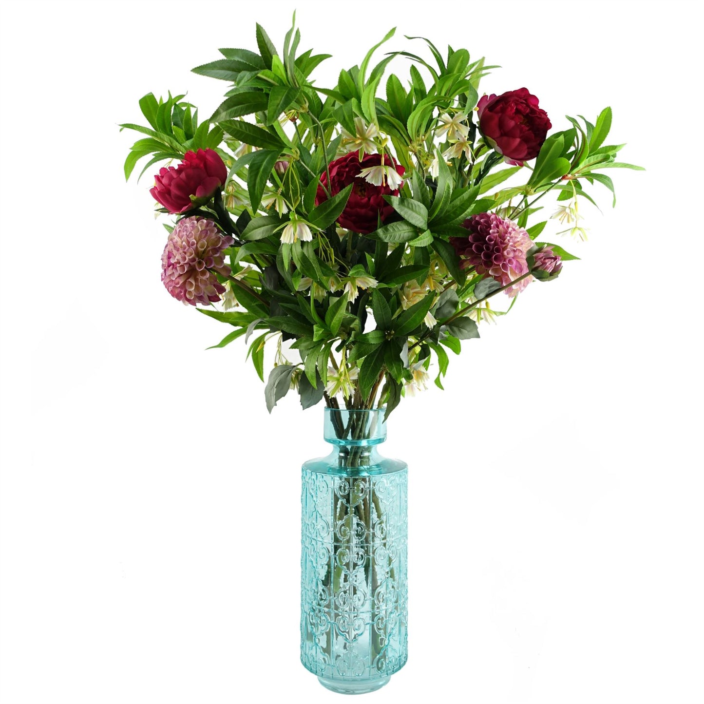90cm Large Artificial Pink Peony & Dahlia Flower Arrangement in Turquoise Glass Vase