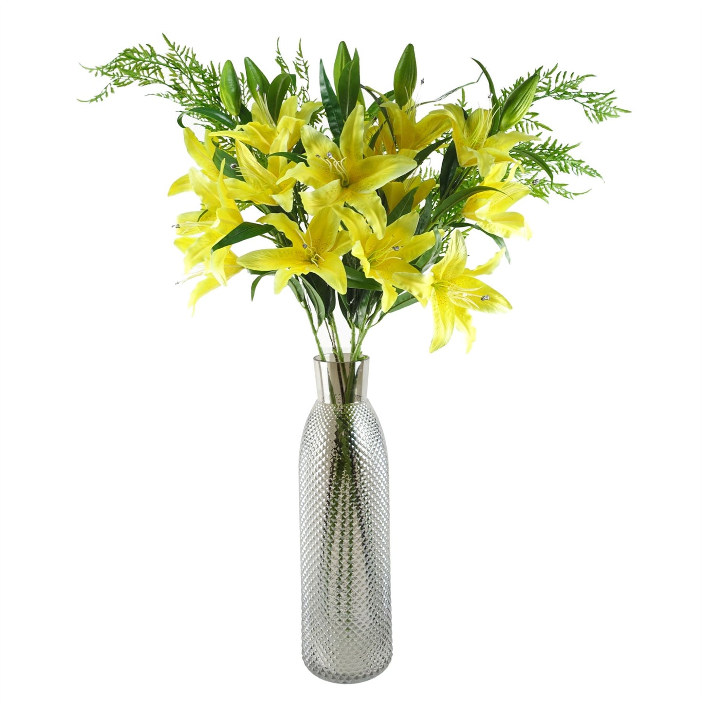 100cm Large Artificial Yellow Lily & Fern Flower Arrangement in Smoke Grey Tall Glass Vase