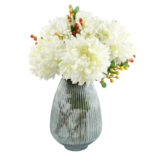 50cm Small Artificial White Chrysanthemum Flower Arrangement in Smoke Grey Ridged Glass Vase