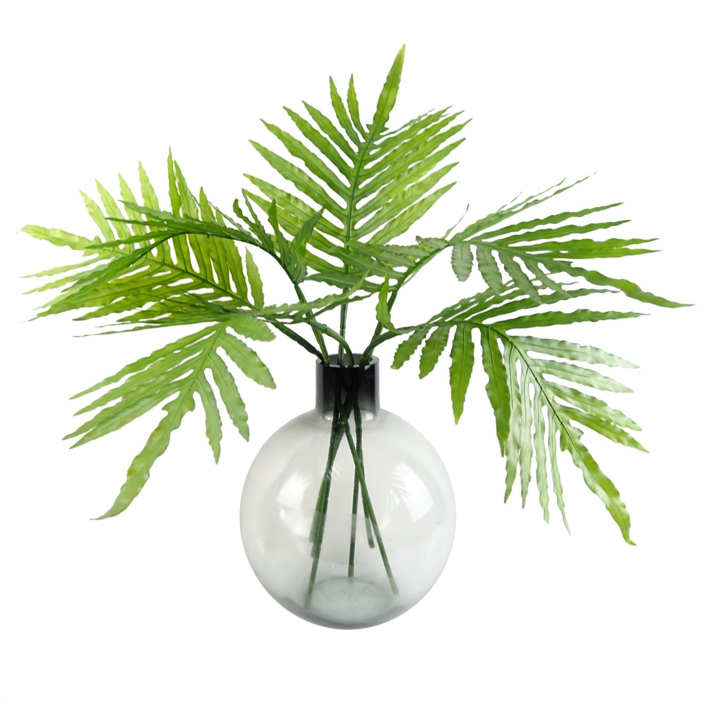 80cm Medium Artificial Tropical Palm Leaf Arrangement in Grey Smoke Ball Glass Vase