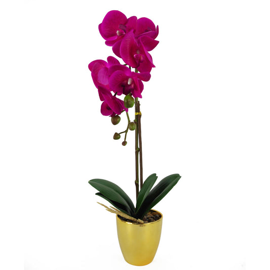46cm Small Dark Pink Faux Orchid in Gold Pot – Realistic Orchid Plant