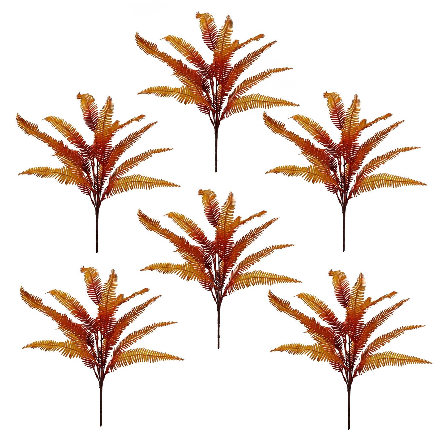6 x 55cm Small Artificial Autumn Fern Bush Plants – Orange Faux Fern Set