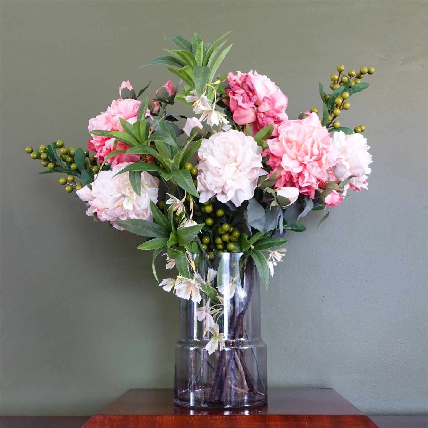 65cm Medium Artificial Mixed Peony Flower Arrangement in Smoke Grey Glass Vase