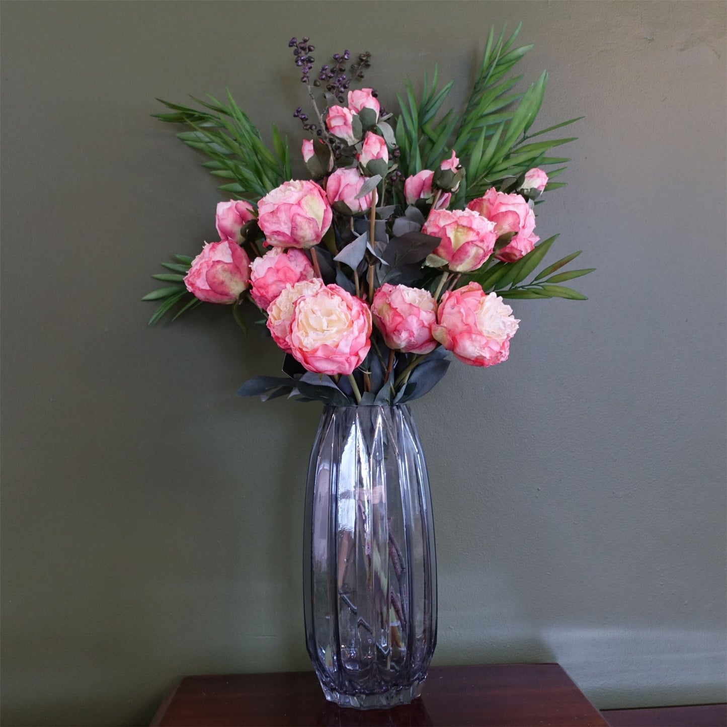 85cm Medium Artificial Pink Peony & Berry Flower Arrangement in Clear Geometric Glass Vase