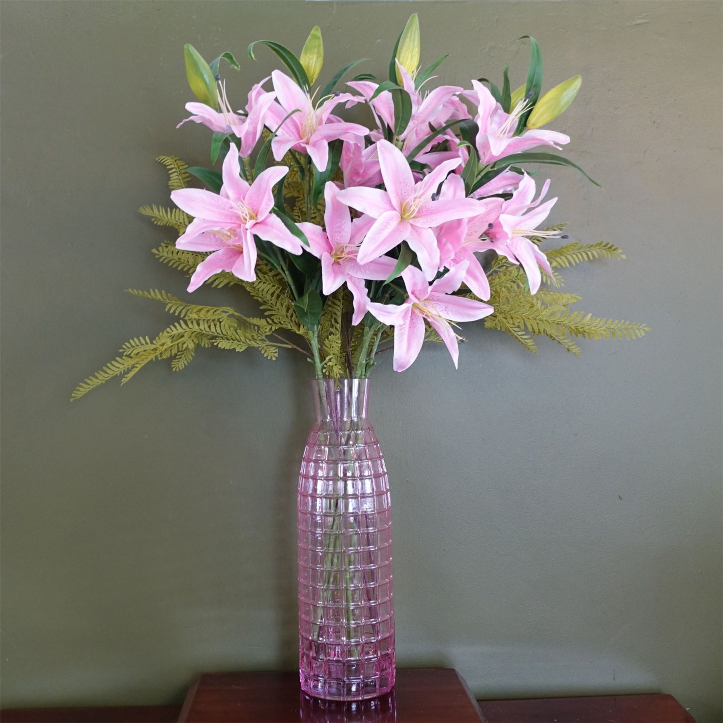 100cm Large Artificial Pink Lily & Fern Flower Arrangement in Pink Tall Glass Vase