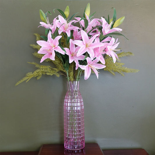 100cm Large Artificial Pink Lily & Fern Flower Arrangement in Pink Tall Glass Vase