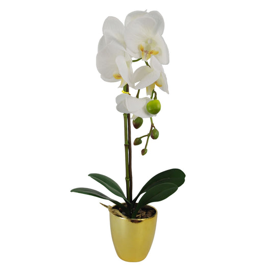 46cm Small White Artificial Orchid in Gold Pot – Faux Orchid Plant