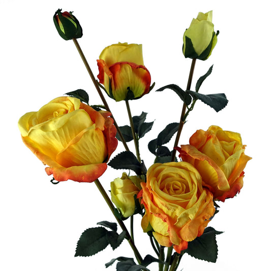 60cm Medium Premium Yellow Artificial Rose Spray – Realistic Faux Roses with 4 Flowers & 3 Buds