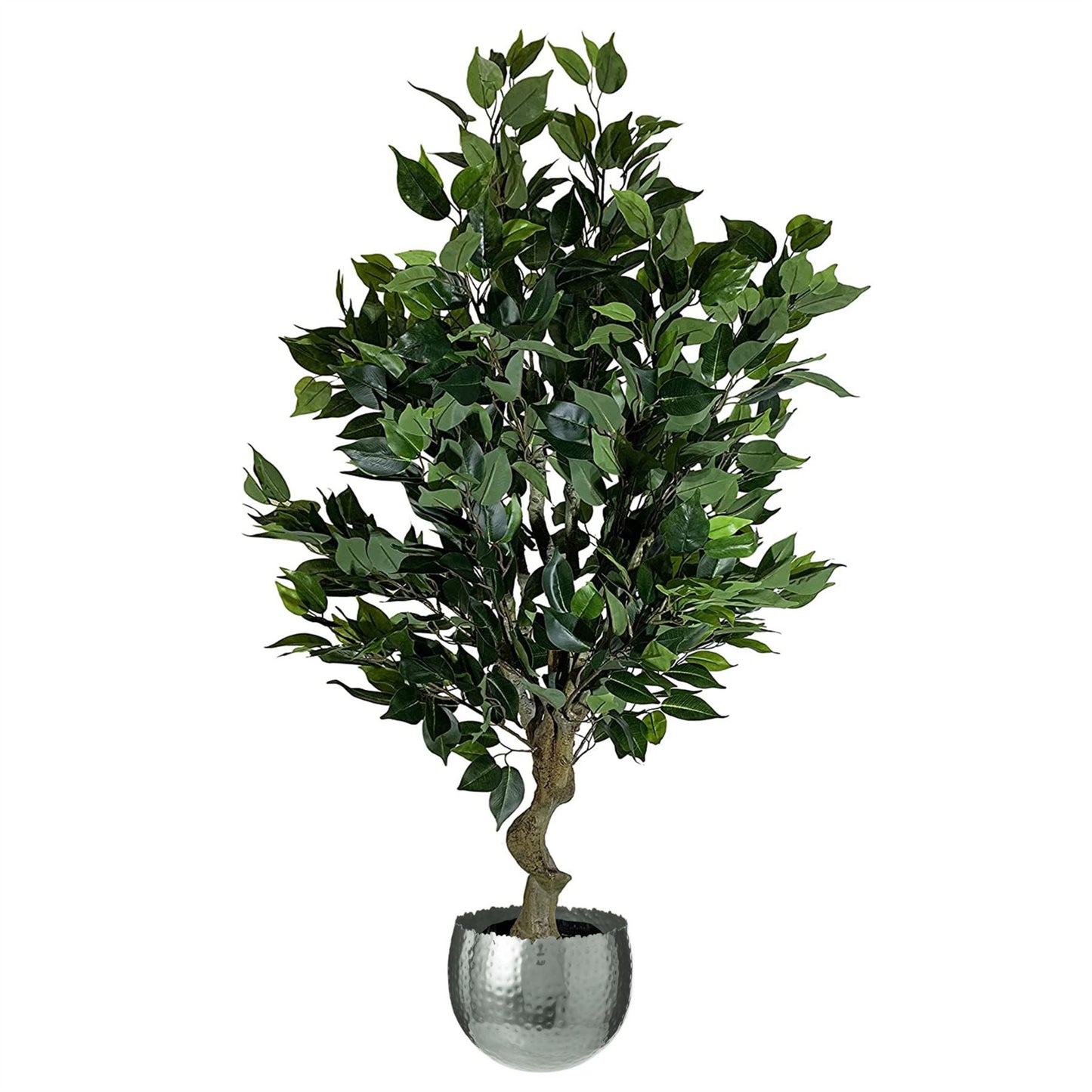 110cm Medium Artificial Evergreen Ficus Tree with Curved Silver Planter – Realistic Faux Indoor Tree