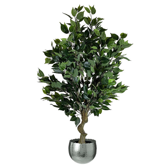 110cm Medium Artificial Evergreen Ficus Tree with Curved Silver Planter – Realistic Faux Indoor Tree