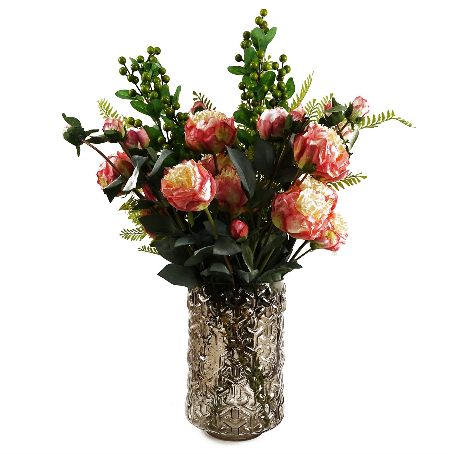 70cm Medium Artificial Pink Peony Flower Arrangement in Chestnut Glass Vase