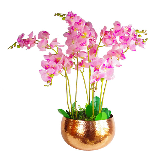 70cm Medium Artificial Pink Orchid Display in Large Copper Straight-Edge Metal Planter - Faux Orchid Arrangement