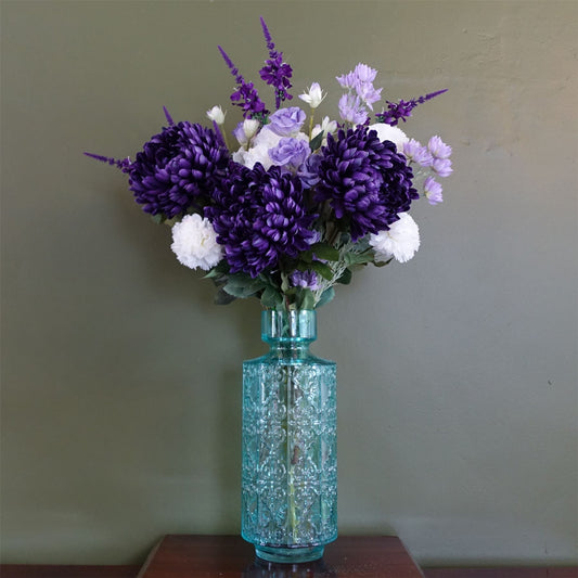 80cm Medium Artificial Purple Chrysanthemum Flower Arrangement in Turquoise Glass Vase