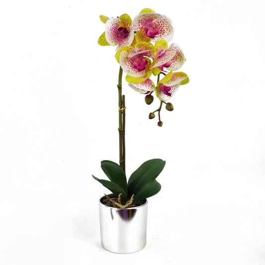 46cm Small Harlequin Pink Artificial Orchid in Silver Pot – Faux Orchid Plant