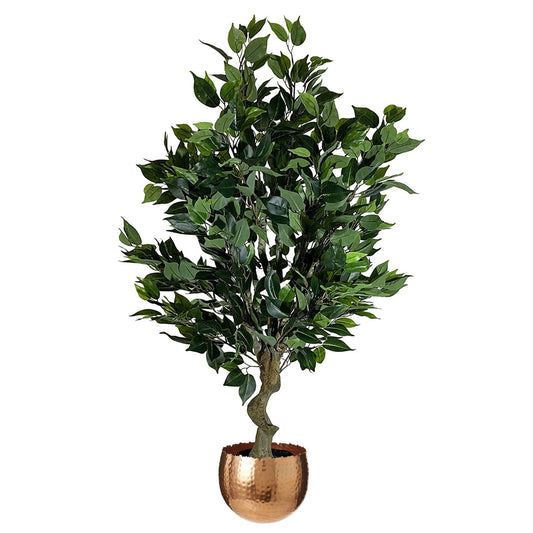 110cm Medium Artificial Evergreen Ficus Tree with Curved Copper Planter – Realistic Faux Indoor Tree