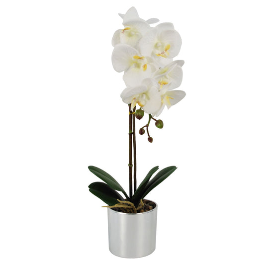 46cm Small White Faux Orchid in Silver Pot – Realistic Orchid Plant